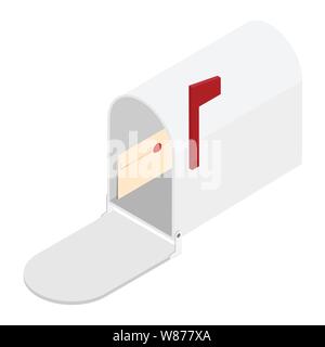 Opened mailbox with raised flag and letter inside isometric view isolated on white background Stock Vector