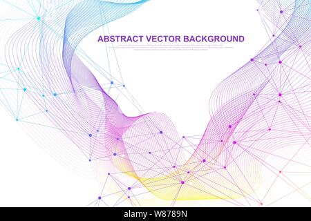 Abstract plexus background with connected lines and dots. Wave flow. Plexus geometric effect Big data with compounds. Lines plexus, minimal array Stock Vector