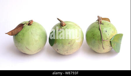 Three ripe star apples with leaves Stock Photo