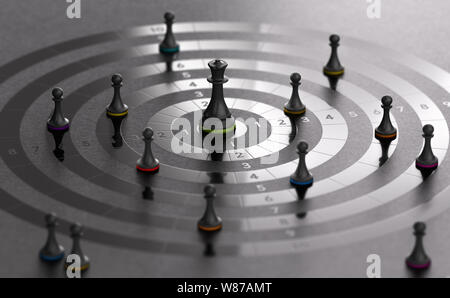 3D illustration of pawns and queen of a chess game, on a target over a black background Stock Photo