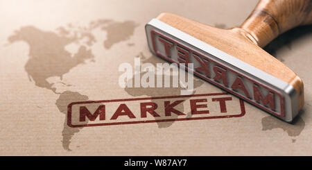 3D illustration of a rubber stamp over paper background with a world map watermarked. Concept of global market or international business development Stock Photo