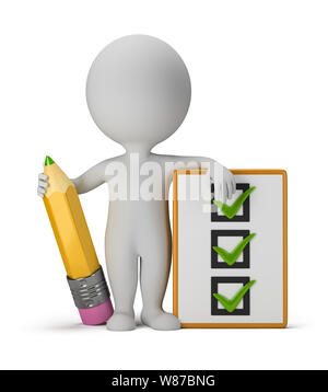 3d small person with clipboard and pencil. 3d image. Isolated white background. Stock Photo