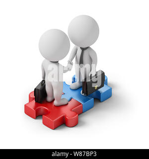 Isometric business people standing on the puzzle and make a handshake. 3d image. White background. Stock Photo