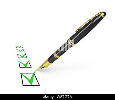 black pen draws a checkmark in the list. 3d image. Isolated white background. Stock Photo