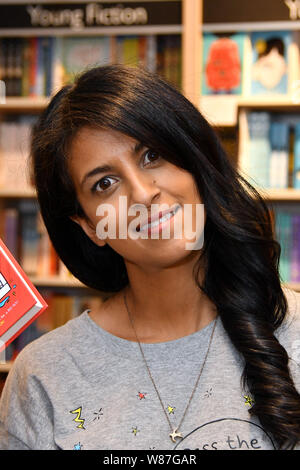 London, UK. 8th August, 2019. Konnie Huq, Blue Peter presenter, broadcaster and author hosts afternoon for children with live drawings, quizzes and games, followed by a signing of her new book Cookie and the Most Annoying Boy in the World, at Foyles  London, UK - 8 August 2019 Credit: Nils Jorgensen/Alamy Live News Stock Photo