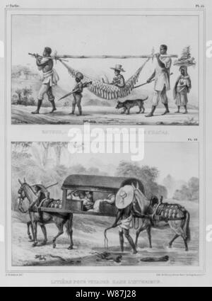 2 Blacks carrying gentleman in hammock attached to pole; also 2 mules carrying man in sedan chair Stock Photo
