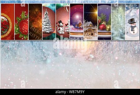 Collage of ten Christmas images on the background of the winter forest Stock Photo