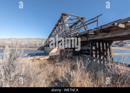 Abandoned Howe Truss Bridge over the Red Deer River at East Coulee, Alberta, Canada Stock Photo