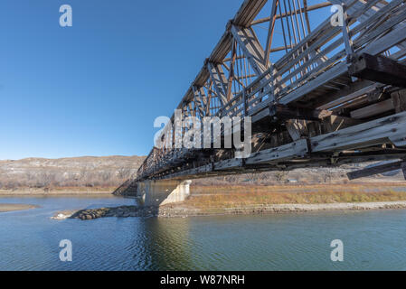 Abandoned Howe Truss Bridge over the Red Deer River at East Coulee, Alberta, Canada Stock Photo