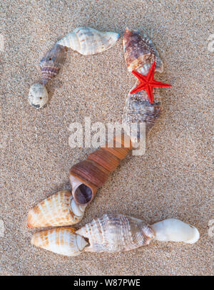 Calendar on sand. Year 2020. Seashells forming 2 inscription on yellow sand, new year concept Stock Photo