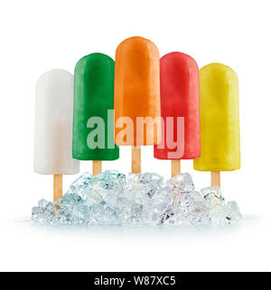 variety of fruits ice lolly on ice cubes, on white background Stock Photo