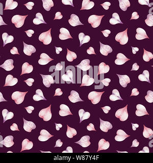 Watercolor seamless pattern of heart-shaped pink flower petals. Stock Photo