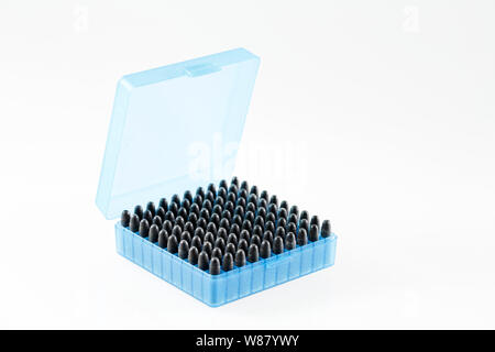 Hunting cartridges in a plastic box. Bullet storage box Stock Photo - Alamy