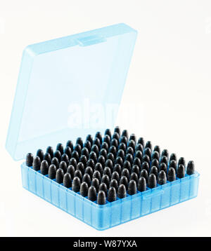 Hunting cartridges in a plastic box. Bullet storage box Stock Photo - Alamy