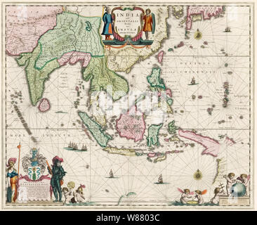 Map of South-East Asia, including Indonesia, India, Ceylon etc, published by Willem Janszoon Blaeu in 1635. Stock Photo