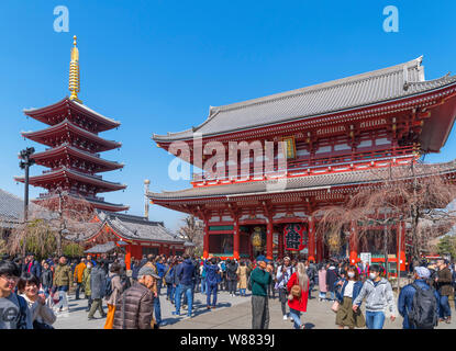 The Hōzōmon gate and Five-Storied Pagoda at the entrance to Senso-ji, an ancient Buddhist temple in the Asakusa district, Tokyo, Japan Stock Photo