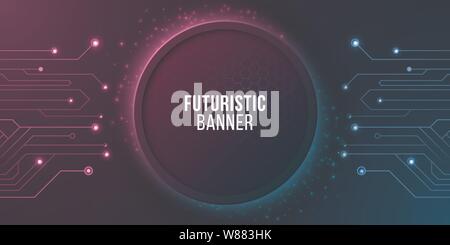 Futuristic banner with computer circuit. Modern tech design. Blue and purple glowing neon honeycombs with flying glowing dust. Vector illustration. EP Stock Vector