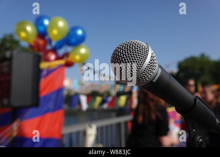 Berlin, Germany. 08th Aug, 2019. Participants of a rally of the association 'Tibet Initiative Deutschland e.V.' set up flags, balloons and a microphone. On his 30th birthday the association 'Tibet Initiative Deutschland e.V.' reminds the Chinese embassy of the occupation of Tibet by China since 1950. Credit: Taylan Gökalp/dpa/Alamy Live News Stock Photo