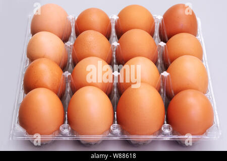 brown chicken eggs in plastic box on gray background, easter festive concept Stock Photo