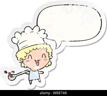cute cartoon happy chef with speech bubble distressed distressed old sticker Stock Vector