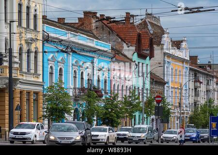 Colourfully restored house facades from the 19th century in the historic old town, Cluj-Napoca, Romania Stock Photo