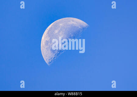 Third Quarter moon (AKA last quarter or half moon) phase of the moon in daytime against blue sky, in September. Stock Photo