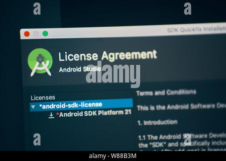 Bishkek, Kyrgyzstan - January 17, 2019: License Agreement of software for development of mobile applications on Android Studio Stock Photo