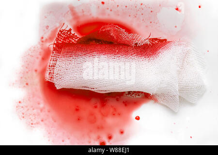 Close-up Blood with Gauze, bloody gauze bandage Stock Photo