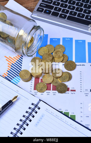 Graphs, Charts, Notebook, Pen And Coins. Business Concept Stock Photo ...