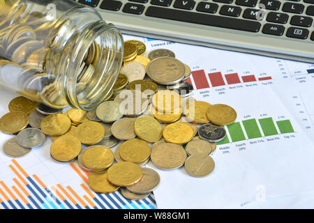 Coins spilling out of jar on the business stock charts - Business Concept Stock Photo