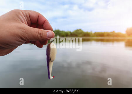 Hand holds a foam lure for catching predatory fish Stock Photo