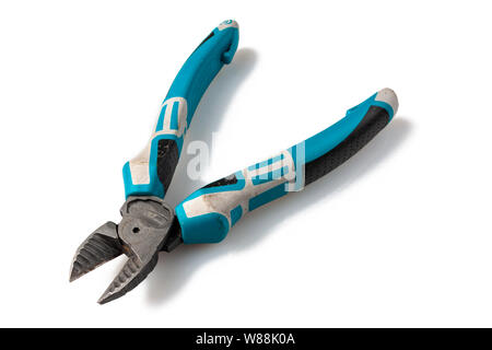 Blue diagonal pliers side cutters isolated on white background Stock Photo