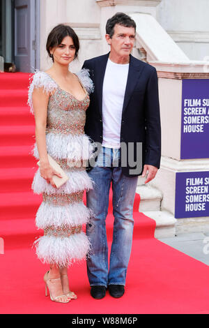 Somerset House, London, UK. 8 August 2019.  Penélope Cruz and Antonio Banderas poses on the red carpet at the UK premiere of PAIN AND GLORY. Pictured:  Penelope Cruz, Antonio Banderas. Picture by Julie Edwards./Alamy Live News Stock Photo