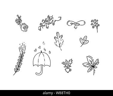 Set of vector monoline doodle floral elements. Autumn collection graphic design bundle. Herbs, leaves, umbrella. Hand drawn thanksgiving modern fall Stock Vector