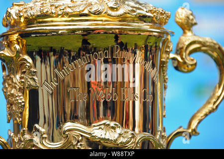 Rugby World Cup on display at Hereford Cathedral - The Webb Ellis Cup. Stock Photo