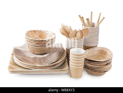 Eco friendly disposable tableware isolated on a white background Stock Photo