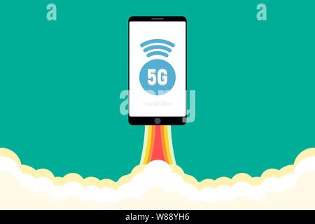 New 5g Smartphone with a title 5G is flying in the sky like a rocket Stock Vector