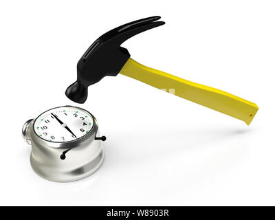 Hammer hitting the alarm clock, isolated on white. 3D rendering Stock Photo