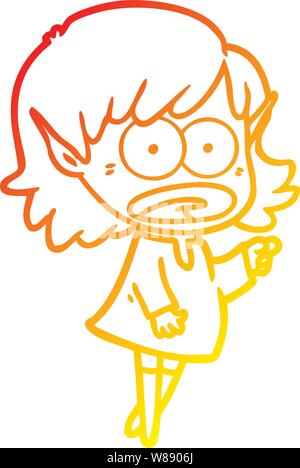 warm gradient line drawing of a cartoon shocked elf girl pointing Stock Vector