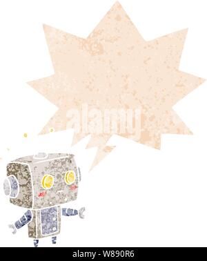 cartoon robot with speech bubble in grunge distressed retro textured style Stock Vector