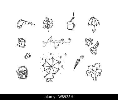 Set of vector monoline doodle floral elements. Autumn collection graphic design. Herbs, leaves, umbrella. Hand drawn thanksgiving modern fall decor Stock Vector