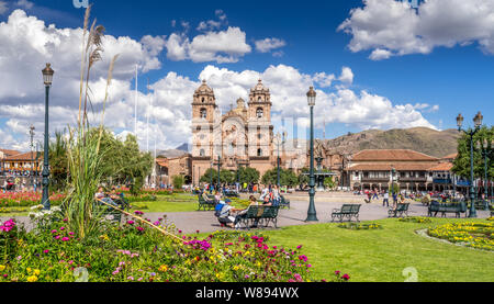 Cuzco, Peru - May3, 2019. The main square of Cusco, Plaza de Armas with its famous landmark, Cusco Cathedral, Cusco, Peru, South America, Stock Photo