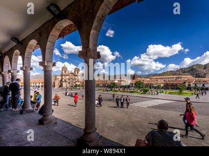 Cuzco, Peru - May3, 2019. The main square of Cusco, Plaza de Armas with its famous landmark, Cusco Cathedral, Cusco, Peru, South America, Stock Photo