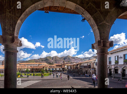 Cuzco, Peru - May3, 2019. The main square of Cusco, Plaza de Armas with its famous landmark, Cusco Cathedral, Cusco, Peru, South America, Stock Photo