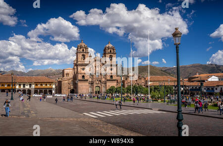 Cuzco, Peru - May3, 2019. The main square of Cusco, Plaza de Armas with its famous landmark, Cusco Cathedral, Cusco, Peru, South America, Stock Photo