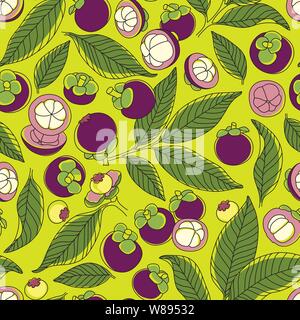 Artistic and Detailed Colorful Mangosteen Fruit Line Drawing Seamless Pattern. Hand-drawn Asia Fruit Design for Packaging, Printing, Posters Stock Vector