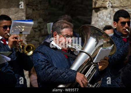 Good Friday band with trombone and trumpet wind instruments in Erice Sicily Italy Mediterranean Stock Photo