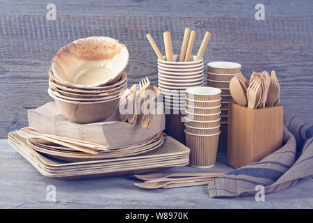 Eco friendly disposable tableware on a grey background Stock Photo