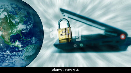 Data security with laptop, locker and earth image with speed effect on top. Stock Photo