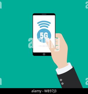 Man holding phone with 5G mobile network logo on screen. Business illustration Stock Vector